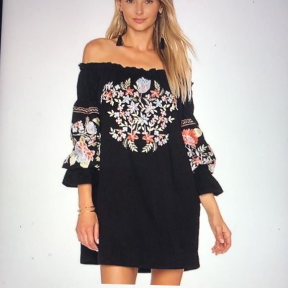 Free People Dresses & Skirts - FREE PEOPLE Fleur du Jour Off shoulder Embroidered Black Mini dress Size M